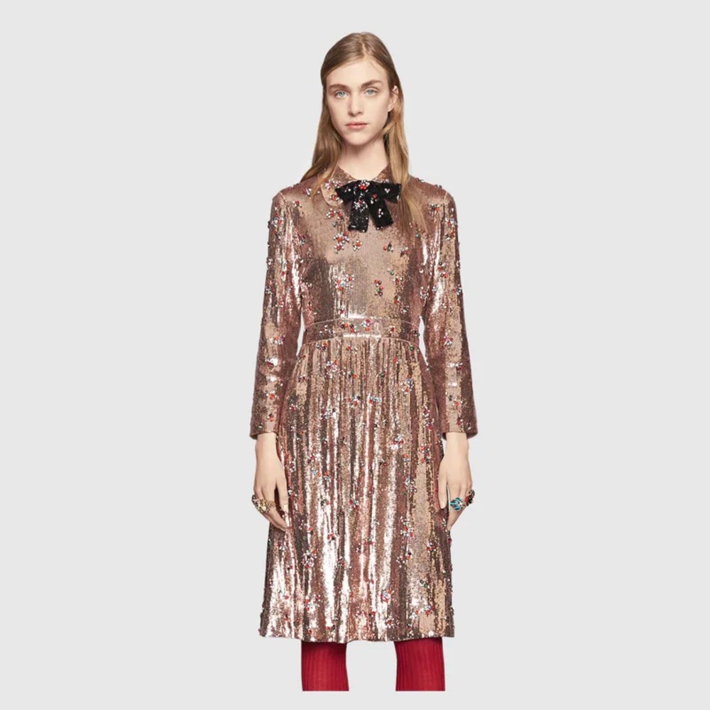 Gucci Pink Sequin Gem Bow Tie Dress Size 40 430500 - Picture 1 of 16